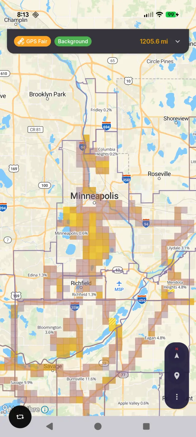 WanderMap coverage heatmap of the Minneapolis metro area, with explored neighborhoods filled in gold