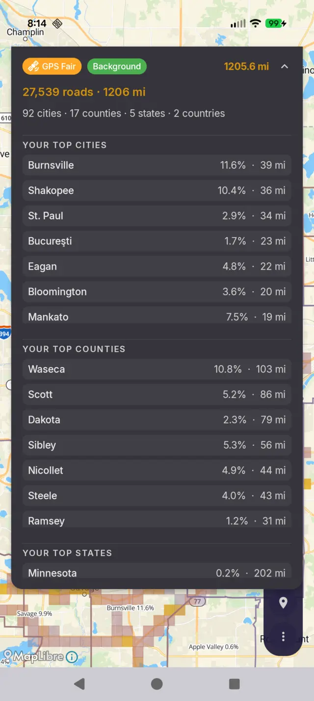 WanderMap stats panel showing 27,539 roads and 1,206 miles across 92 cities, 17 counties, 5 states, and 2 countries